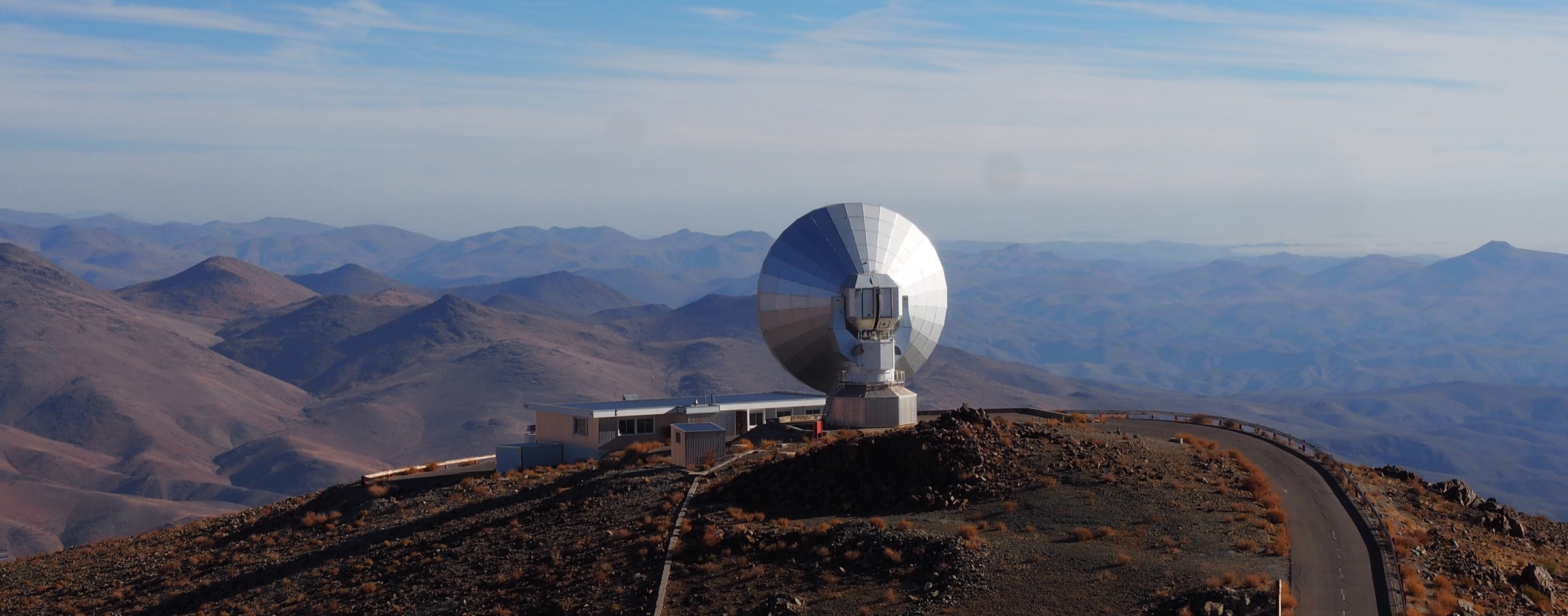 Panorama of La Silla Observatory in the Chilean Atacama desert, with the SEST dish telescope